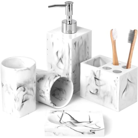 Bathroom Accessory Set 5 Pcs Marble Look Bathroom Sets (Ink White)